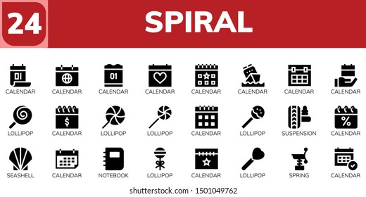 spiral icon set. 24 filled spiral icons.  Simple modern icons about  - Calendar, Lollipop, Suspension, Seashell, Notebook, Spring