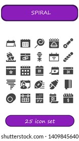 spiral icon set. 25 filled spiral icons.  Simple modern icons about  - Calendar, Lollipop, Suspension, Stick candy, Tornado, Rugby ball, Seashell, Notebook, Gummy
