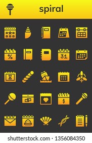 spiral icon set. 26 filled spiral icons.  Collection Of - Calendar, Lollipop, Shell, Notebook, Stick candy, Wind, Genetic, Notepad