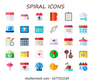 spiral icon set. 30 flat spiral icons.  Simple modern icons such as: calendar, notebook, notepad, wind, dna, lollipop, seashell