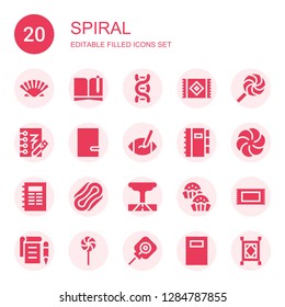 spiral icon set. Collection of 20 filled spiral icons included Seashell, Notebook, Dna, Carpet, Lollipop, Notepad, Rugby ball, Vortex, Compress, Tornado, Bonbon, Rug
