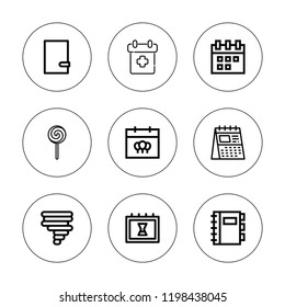 Spiral icon set. collection of 9 outline spiral icons with calendar, lollipop, notebook icons. editable icons.