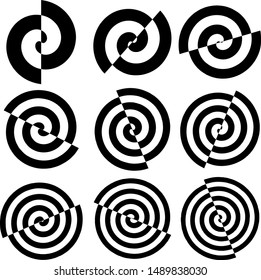 Spiral icon in several options. Half spiral, spiral and scroll, cycle, curl, loop symbol. Flat design. Black and white color.