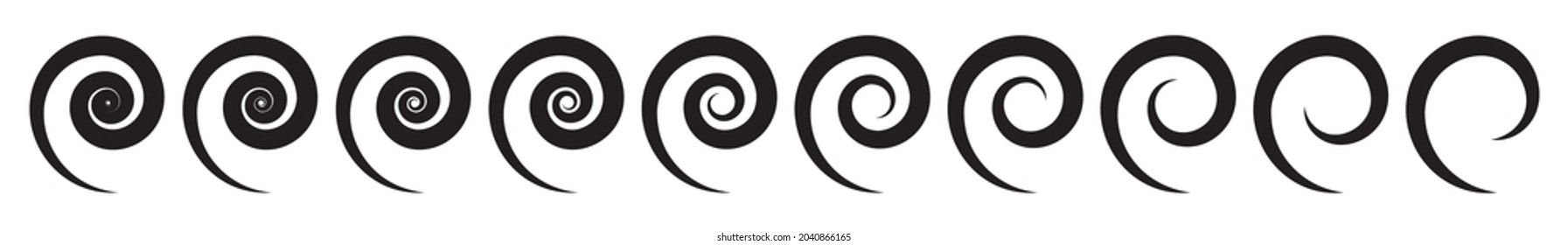 Spiral Icon. Swirl Wave Symbol, Whirl Silhouette, Vortex Sign, Whirlwind Graphic Element, Spirals Set, Coil Vector Illustration