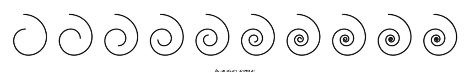 Icono de espiral. Símbolo de onda giratoria, silueta de torbellino, signo vórtice, elemento gráfico de torbellino, conjunto de espirales, ilustración del vector de bobina