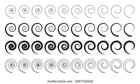 Icono de espiral. Símbolo de onda giratoria, silueta de torbellino, signo vórtice, elemento gráfico de torbellino, conjunto de espirales, ilustración del vector de bobina