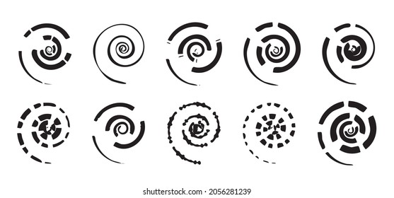 Spiral icon. Swirl wave symbol, whirl silhouette, vortex sign, whirlwind graphic element, spirals set, coil vector illustration