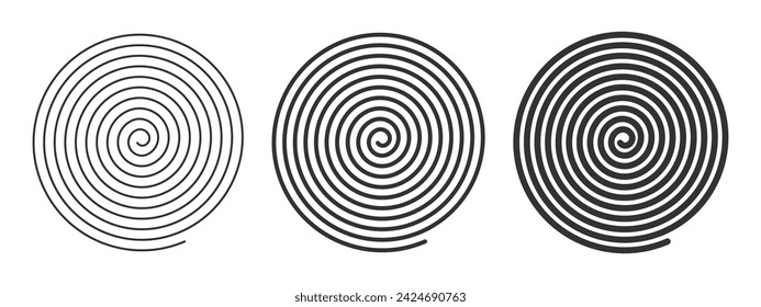 Spiral icons with lines of different thicknesses. Optical illusion effect. Hypnotic psychedelic design. Whirlpool, vertigo, tornado, pinwheel symbols. Archimedean spiral. Vector graphic illustration.