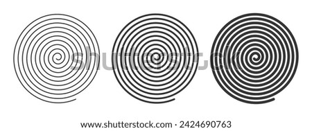 Spiral icons with lines of different thicknesses. Optical illusion effect. Hypnotic psychedelic design. Whirlpool, vertigo, tornado, pinwheel symbols. Archimedean spiral. Vector graphic illustration.