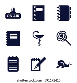 spiral icons set. Set of 9 spiral filled icons such as snail, lollipop, open air, notebook, medicine