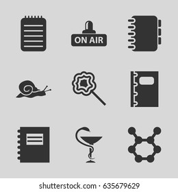 Spiral icons set. set of 9 spiral filled icons such as snail, lollipop, open air, notebook, medicine, spring rotate