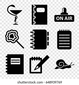 Spiral icons set. set of 9 spiral filled icons such as snail, lollipop, open air, notebook, medicine