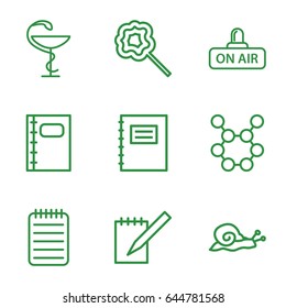 Spiral icons set. set of 9 spiral outline icons such as snail, lollipop, open air, notebook, medicine, notepad
