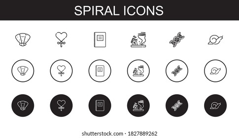 spiral icons set. Collection of spiral with seashell, lollipop, notebook, tornado, dna, snail. Editable and scalable spiral icons.
