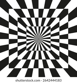Spiral illusion vortex. Rotating swirl vector. Dynamic central pattern. Black white symmetry.