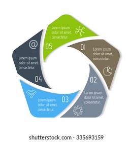 Spiral infographic diagram. Circular connected chart with 5 options. Progress steps for tutorial. Business concept sequence banner, process layout. EPS10 vector polygonal banner.