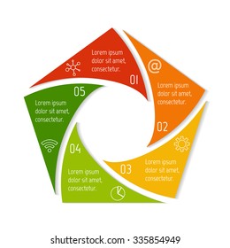 Spiral infographic diagram. Circular connected chart with 5 options. Progress steps for tutorial. Business concept sequence banner, process layout. EPS10 vector polygonal banner.