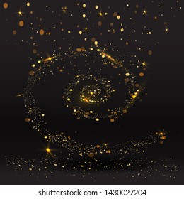 Spiral involute golden dust curl, with bokeh and twinkles, glitter luxury background for web and print decoration, elegant metallic magic firework