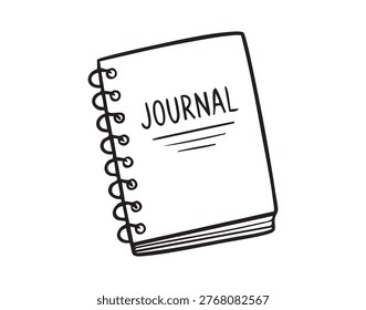 Spiral journal notebook for creative planning, handdrawn line art of closed spiralbound notebook, blank pages suggesting fresh ideas, cozy stationery vibe for writer notetaking or designer mockups,