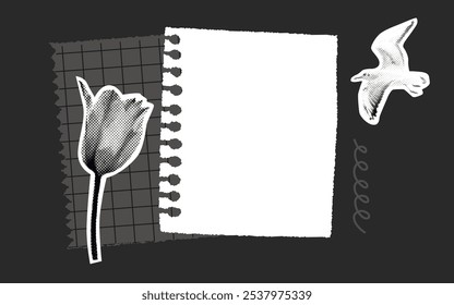 Página do diário espiral, colagem grunge na moda, pássaro de gaivota voadora e flor de tulipa de meio-tom, papel de sucata rasgado no fundo preto. Colagem de revista de planejador de painel de humor