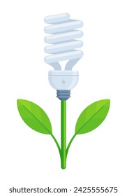 Una bombilla led en espiral con un vástago y hojas en estilo de ilustración vectorial plana, que representa los conceptos de tecnología verde, conciencia ambiental, energía renovable y desarrollo sostenible.