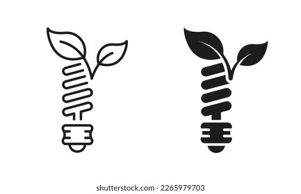 Línea de bombilla de luz espiral y conjunto de iconos de silueta. Lámpara Eco Electric Power con Pictograma de hoja. Colección de símbolos ecológicos de energía eléctrica en fondo blanco. Ilustración de vectores aislados.