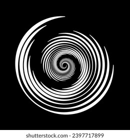 Spiral line element. Radial spinning stripes texture. Black and white circle swirl shape. Abstract whirlpool design for poster, banner, logo, icon, collage, label, tag, emblem. Vector illustration
