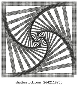 Spiral line illusion. Twisted optical pattern. Black and white swirl. Vector dynamic shape.