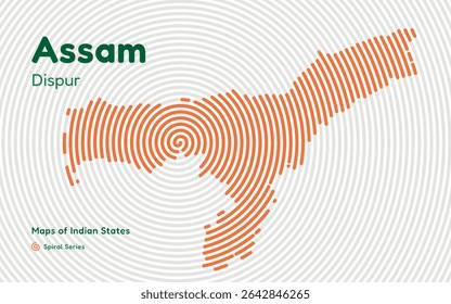 Spiral Line Map of Assam with Capital Dispur – Tea and Oil Region of India