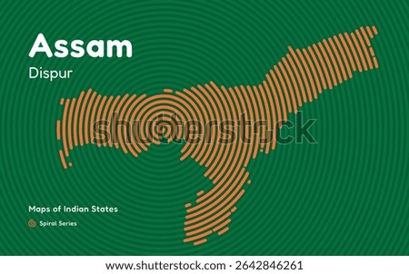 Spiral Line Map of Assam with Capital Dispur – Tea and Oil Region of India