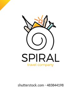 Spiral line travel, journey vector logo design template. world tourism country icon. Paris, Rio, Italy, London, Egypt and sun symbol