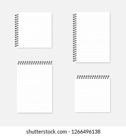 Spiral lined notebook, realistic mockup. Wire bound A4 and square diaries. Mock-up set. Side and top springs.