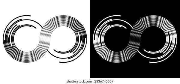 Spiral with lines as abstract infinity symbol. Black shape on a white background and the same white shape on the black side.