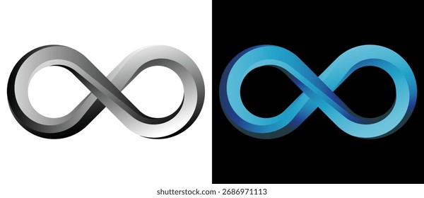Espiral com linhas como símbolo de infinito abstrato. Forma cinza em um plano de fundo branco e a mesma forma azul no lado preto.