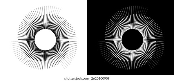 Spiral with lines in circle. 3 segments. Abstract geometric art line background, logo, icon, design element. A black figure on a white background and an equally white figure on the black side.