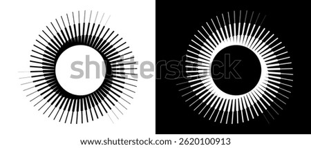 Spiral with lines in circle. 3 segments. Abstract geometric art line background, logo, icon, design element. A black figure on a white background and an equally white figure on the black side.