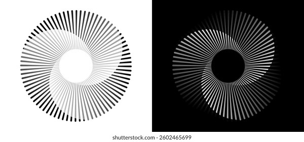 Spiral with lines in circle. Abstract geometric art line background, logo, icon, design element. A black figure on a white background and an equally white figure on the black side.