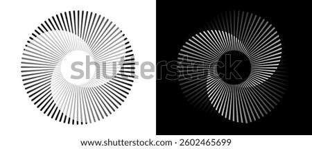 Spiral with lines in circle. Abstract geometric art line background, logo, icon, design element. A black figure on a white background and an equally white figure on the black side.