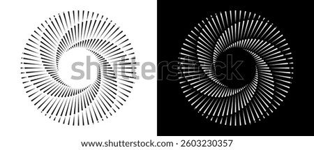 Spiral with lines in circle. Abstract geometric art line background, logo, icon, design element. A black figure on a white background and an equally white figure on the black side.