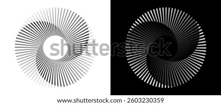 Spiral with lines in circle. Abstract geometric art line background, logo, icon, design element. A black figure on a white background and an equally white figure on the black side.