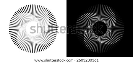 Spiral with lines in circle. Abstract geometric art line background, logo, icon, design element. A black figure on a white background and an equally white figure on the black side.