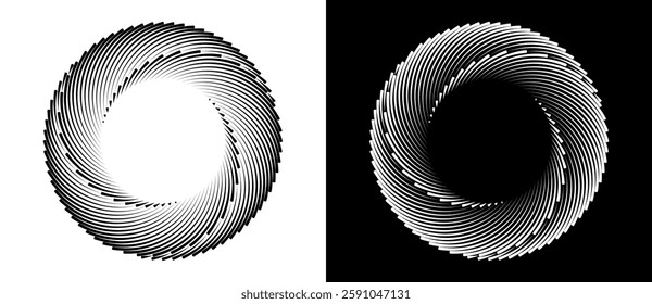 Spiral with lines in circle as dynamic abstract vector background or logo or icon. Black spiral on white background and white spiral on black background.