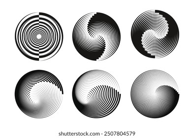 Spiral lines in circular form, abstract geometric shape, technology-inspired vector logo, and striped vortex design element. vortex vector illustration.