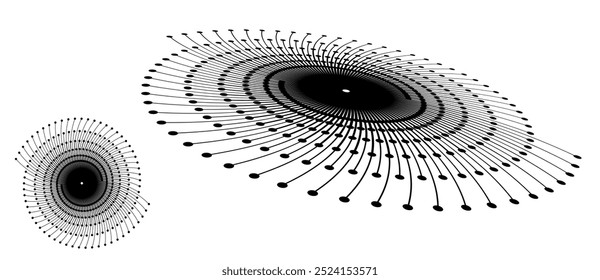 Spiral with lines and dots as dynamic abstract vector background or logo or icon. Artistic illustration with perspective on white background. Yin and yang symbol.