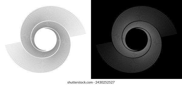 Spirale mit Linien als dynamischer abstrakter Vektorhintergrund oder Logo oder Symbol. Yin und Yang Symbol. Designelement oder Symbol. Schwarze Form auf weißem Hintergrund und die gleiche weiße Form auf schwarzer Seite.