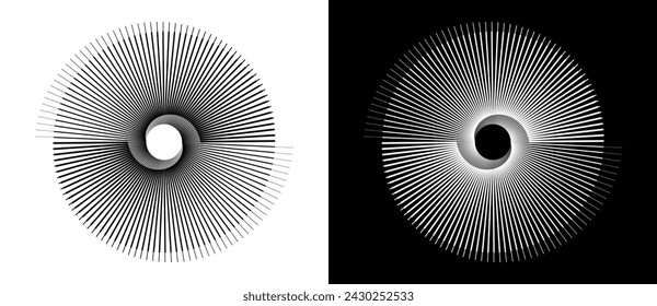 Spirale mit Linien als dynamischer abstrakter Vektorhintergrund oder Logo oder Symbol. Yin und Yang Symbol. Designelement oder Symbol. Schwarze Form auf weißem Hintergrund und die gleiche weiße Form auf schwarzer Seite.