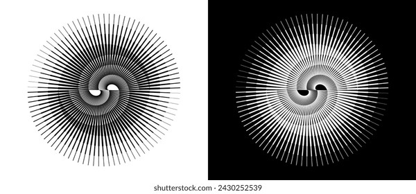 Spirale mit Linien als dynamischer abstrakter Vektorhintergrund oder Logo oder Symbol. Yin und Yang Symbol. Designelement oder Symbol. Schwarze Form auf weißem Hintergrund und die gleiche weiße Form auf schwarzer Seite.