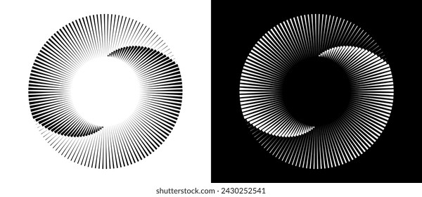 Spiral with lines as dynamic abstract vector background or logo or icon. Yin and Yang symbol. Design element or icon. Black shape on a white background and the same white shape on the black side.