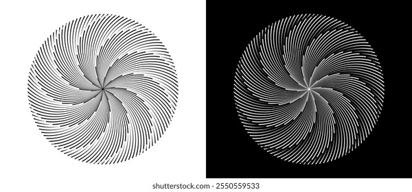 Spiral with lines as dynamic abstract vector background or logo or icon. Black circle on white background and white circle on black background. Dynamic design element with 10 parts.