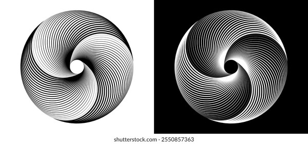 Spiral with lines as dynamic abstract vector background or logo or icon. Black circle on white background and white circle on black background. Dynamic design element with 3 parts.
